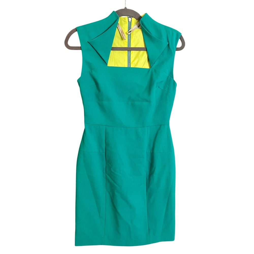 NWT Andrew Marc New York Teal Sheath Dress Collared Square Neck Zip Back Size 6